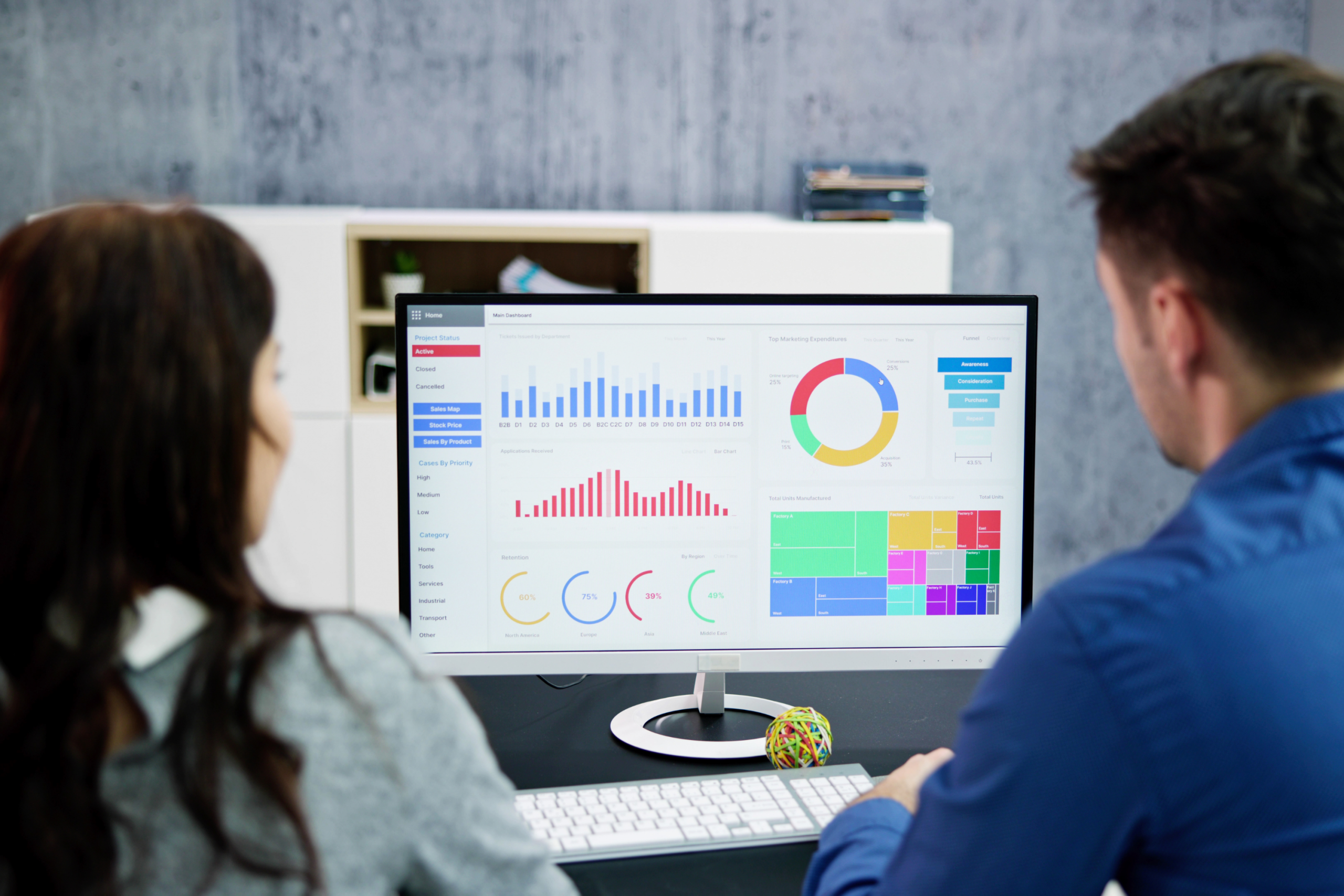Two people sitting in front of a computer with KPIs
